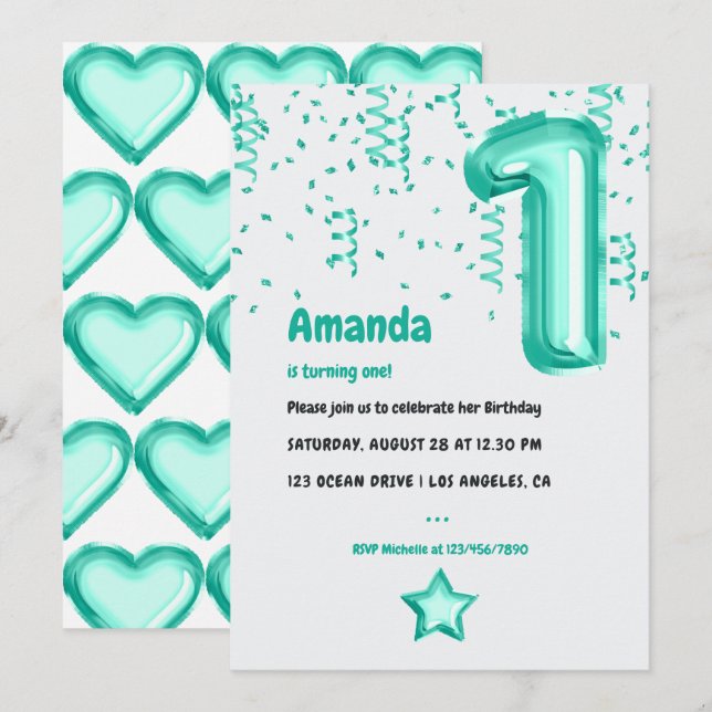 Aqua Foil Balloon and Confetti 1st Birthday Invitation (Front/Back)