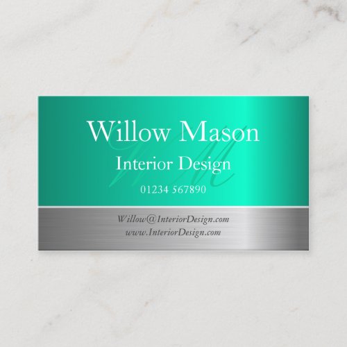 Aqua Foil &amp; Brushed Steel Monogram Business Card