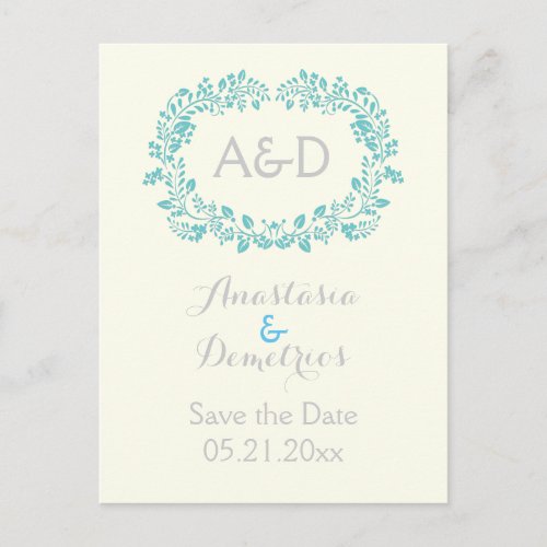 Aqua foliage frame initials wedding Save the Date Announcement Postcard