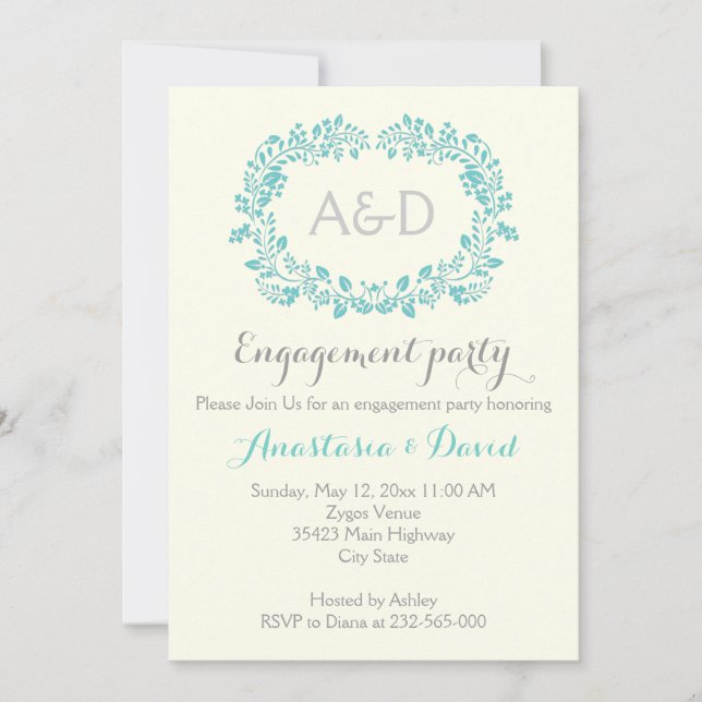 Aqua foliage initials wedding engagement party invitation (Front)