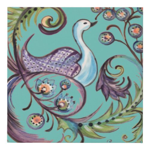 Aqua Folk Art Peacock Feather Flower Scroll Faux Canvas Print