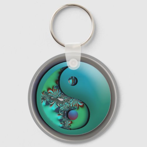 Aqua Fractal Silver  Yin Yang Keychain
