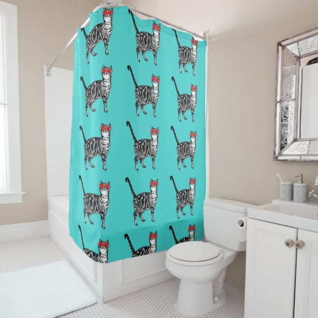 Aqua Funny Tabby Cat Sunglasses Art Shower Curtain (In Situ)