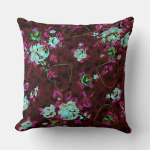 Aqua & Fushia Roses Throw Pillow