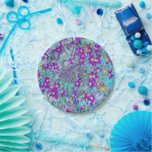 Aqua Garden with Violet Blue and Hot Pink Flowers Paper Plates