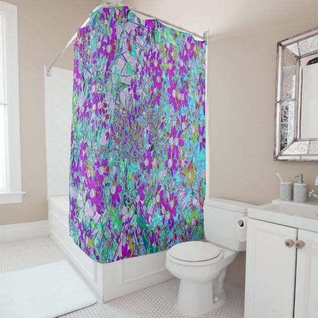 Aqua Garden with Violet Blue and Hot Pink Flowers Shower Curtain (In Situ)