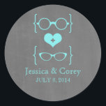 Aqua Geeky Glasses Chalkboard Wedding Stickers<br><div class="desc">Quirky and chic Geeky Glasses Chalkboard Wedding Stickers in turquoise featuring a cute heart flanked by two pairs of nerdy eyeglasses, a manly pair and a girly pair representing the groom and bride on a chalkboard look background. These offbeat wedding stickers are perfect for your geek wedding! Easy to customize,...</div>