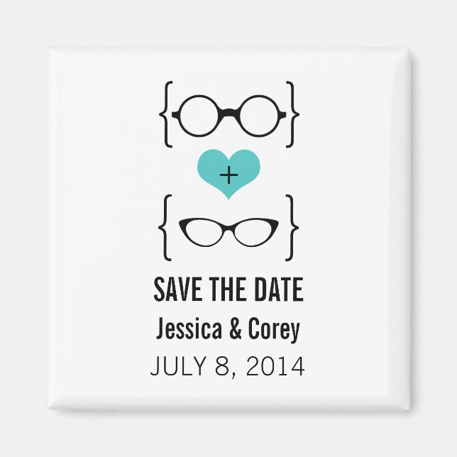 Aqua Geeky Glasses Save the Date Magnet (Front)