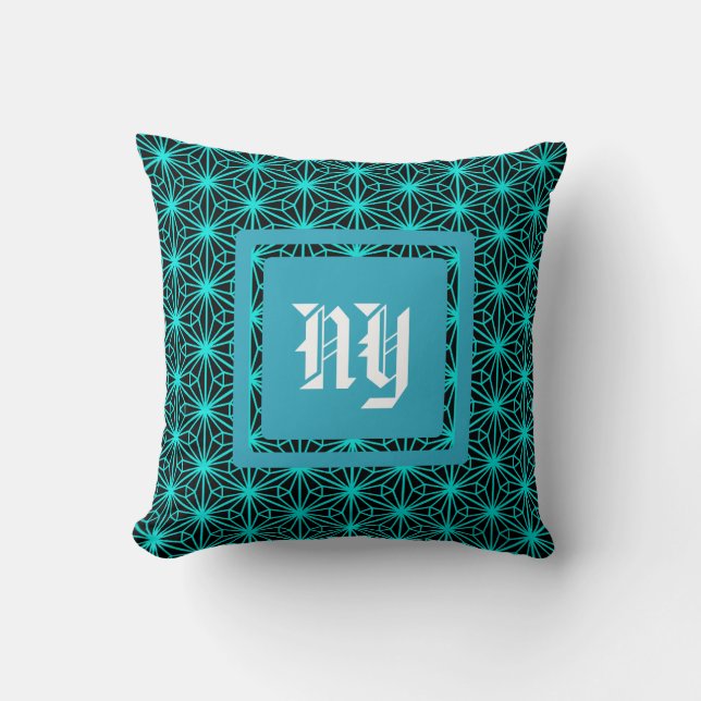 Aqua Geometric Flower Pattern On White Throw Pillow (Front)