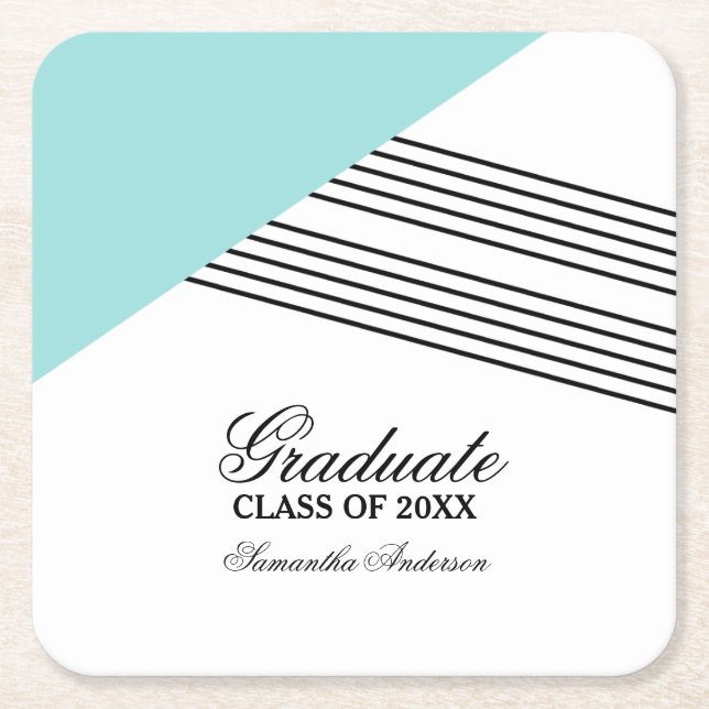 Aqua Geometric Stripe Graduation Coasters (Front)
