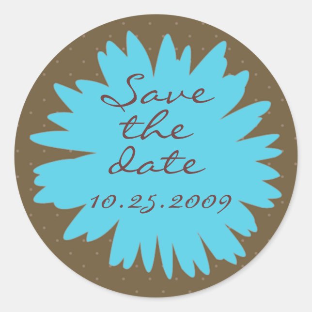 Aqua Gerbera on Brown Save the Date Sticker (Front)