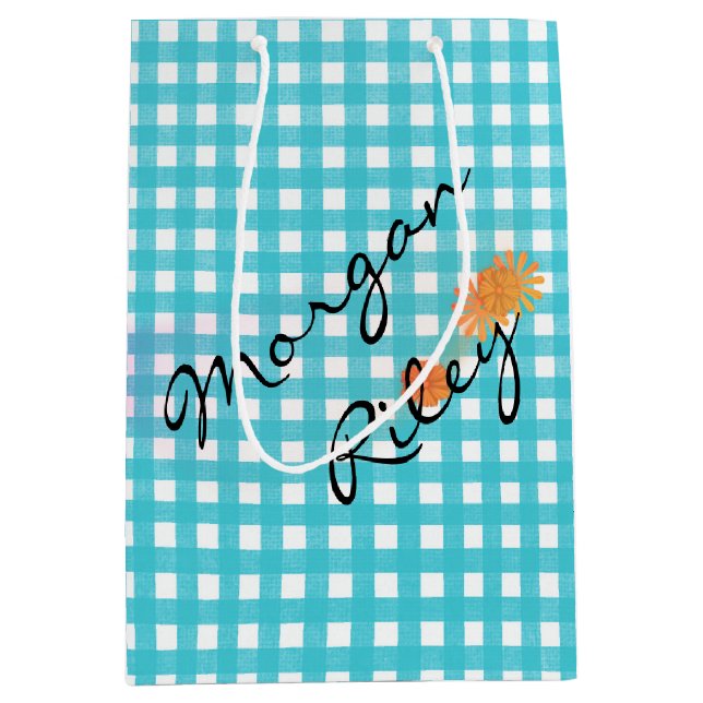 Aqua gingham and flowers medium gift bag (Front)