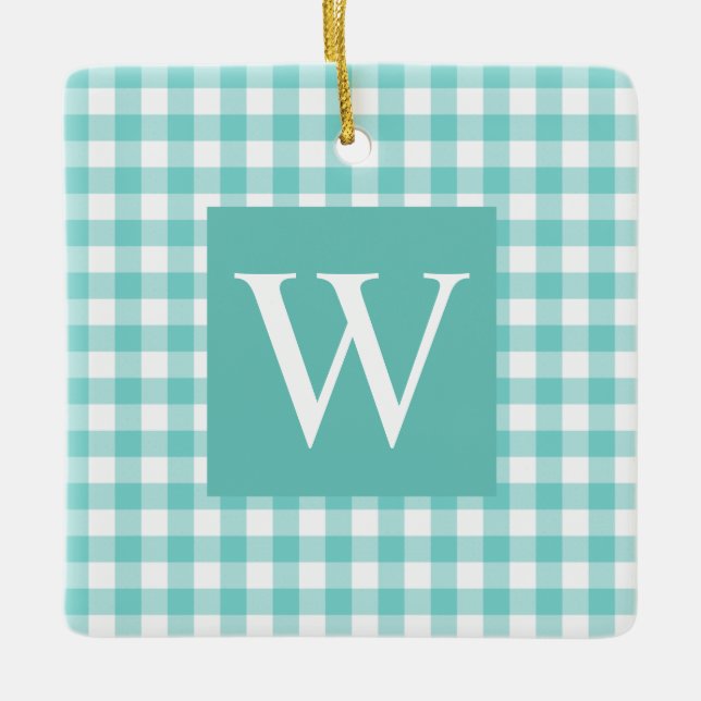Aqua Gingham Check Initial Ceramic Ornament (Front)