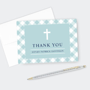 Aqua Gingham Plaid First Communion Boy Thank You Card
