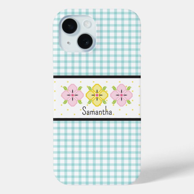 Aqua Gingham Plaid Floral Monogram Case-Mate iPhone Case (Back)