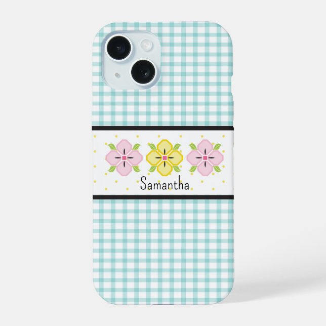 Aqua Gingham Plaid Floral Monogram Iphone Case (Back)