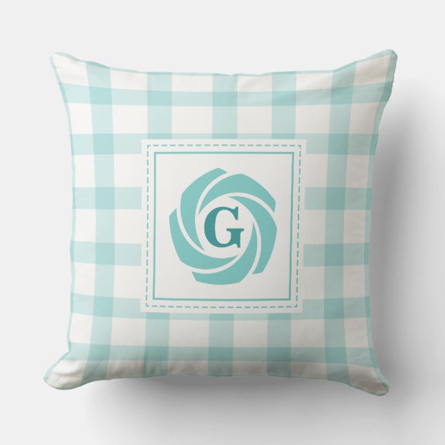 Aqua Gingham Plaid Monogrammed Throw Pillow (Front)