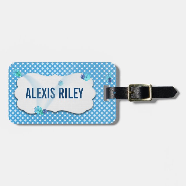 aqua gingham with wind flowers on beveled tag (Front Horizontal)