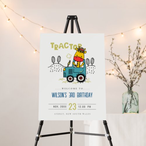 Aqua Giraffe In Farm Tractor Boys Birthday Welcome Foam Board