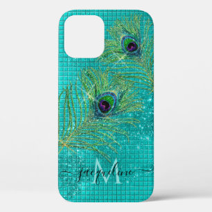 Aqua Girly Gold Glitter Peacock Feathers Monogram iPhone 12 Case