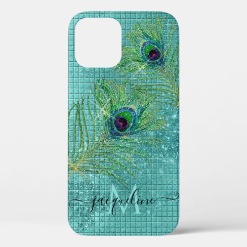 Aqua Girly Gold Glitter Peacock Feathers Monogram iPhone 12 Case