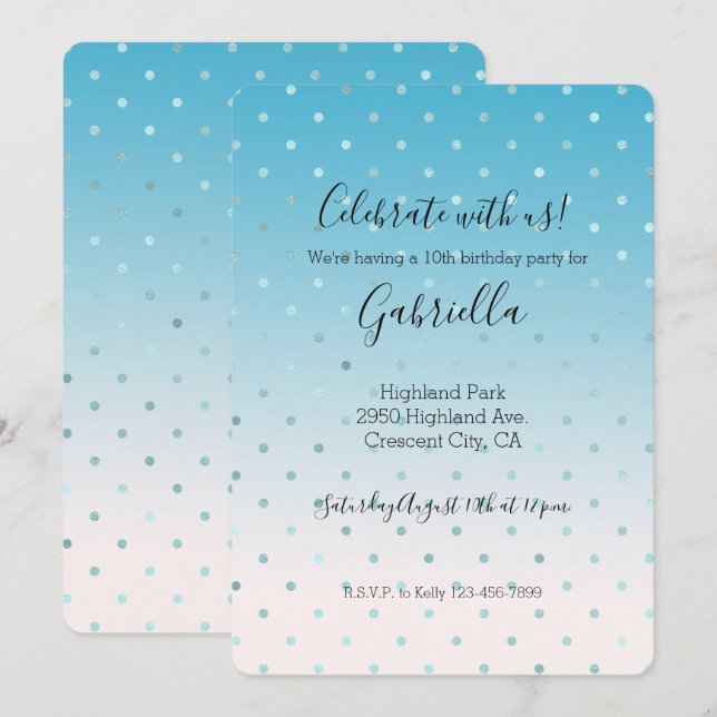 Aqua Glam Dots Ombre Birthday     Invitation (Front/Back)