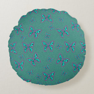 Aqua Glass Butterflies Round Pillow