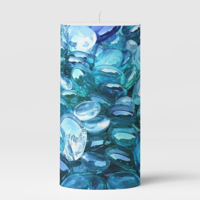 Aqua Glass Stones  Pillar Candle (Front)