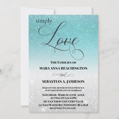 *~* Aqua Glitter Beach Destination Wedding Invitation