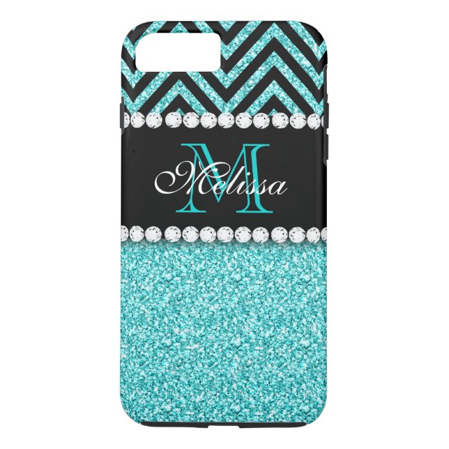 AQUA GLITTER BLACK CHEVRON MONOGRAM Case-Mate iPhone CASE (Back)