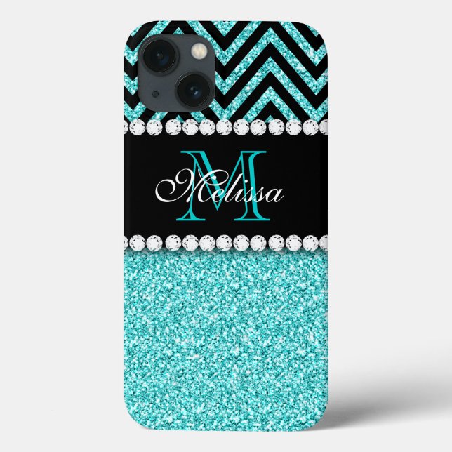 AQUA GLITTER BLACK CHEVRON MONOGRAM Case-Mate iPhone CASE (Back)