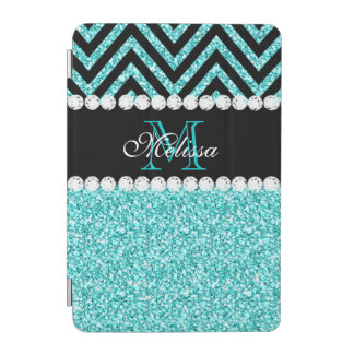 AQUA GLITTER BLACK CHEVRON MONOGRAM iPad MINI COVER