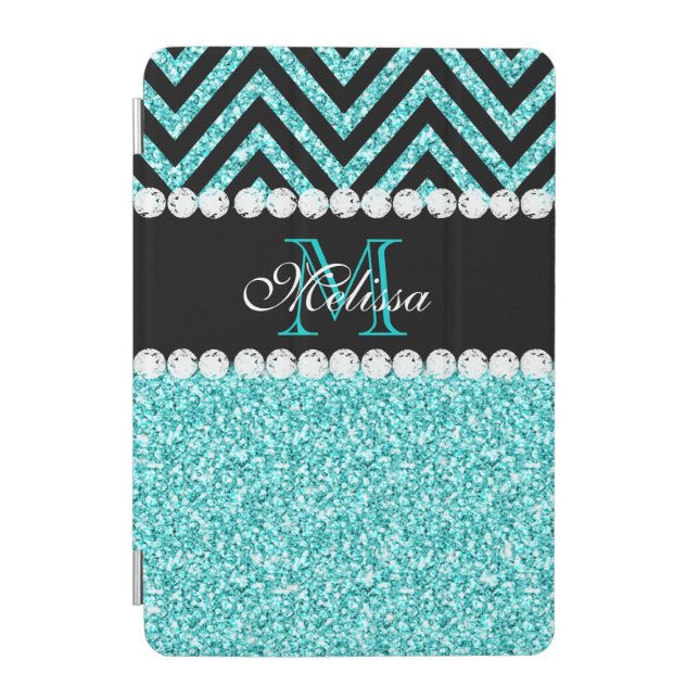 AQUA GLITTER BLACK CHEVRON MONOGRAM iPad MINI COVER (Front)
