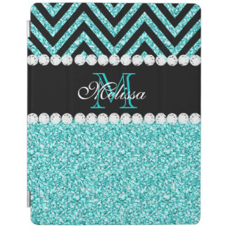 AQUA GLITTER BLACK CHEVRON MONOGRAM iPad SMART COVER