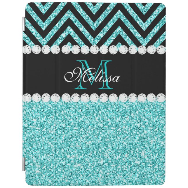 AQUA GLITTER BLACK CHEVRON MONOGRAM iPad SMART COVER (Front)