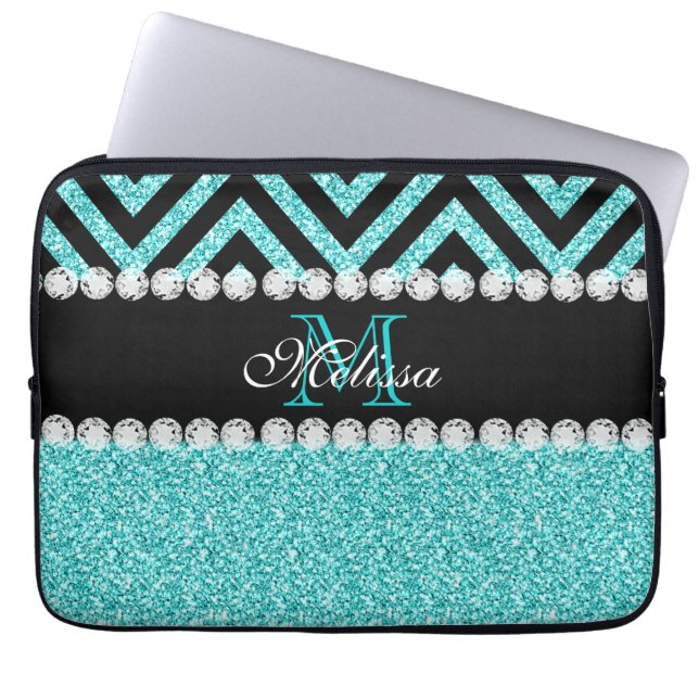 AQUA GLITTER BLACK CHEVRON MONOGRAM LAPTOP SLEEVE (Front)