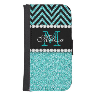 AQUA GLITTER BLACK CHEVRON MONOGRAM WALLET PHONE CASE FOR SAMSUNG GALAXY S4