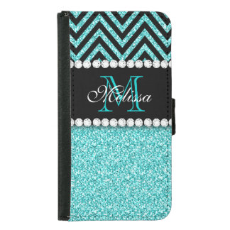 AQUA GLITTER BLACK CHEVRON MONOGRAM WALLET PHONE CASE FOR SAMSUNG GALAXY S5