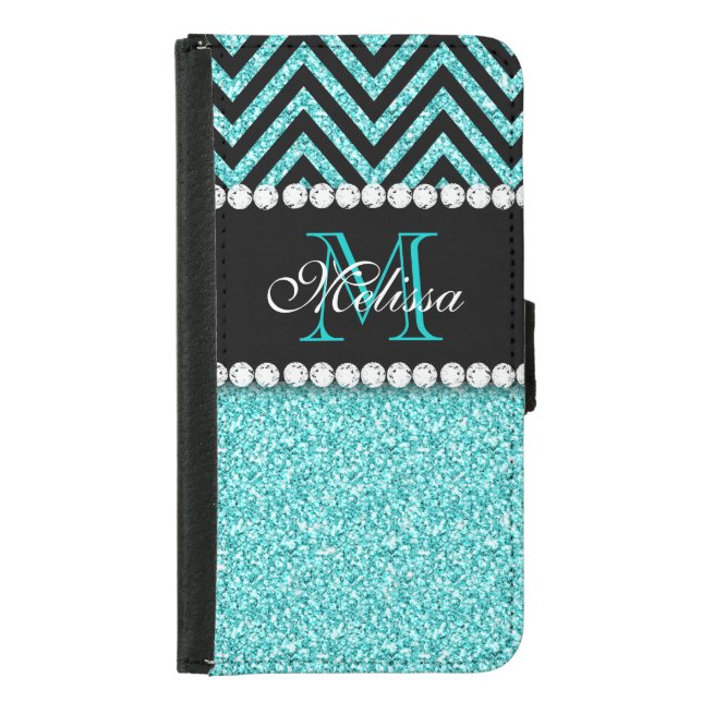 AQUA GLITTER BLACK CHEVRON MONOGRAM SAMSUNG GALAXY WALLET CASE (Front)