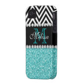AQUA GLITTER BLACK CHEVRON MONOGRAMMED Case-Mate iPhone CASE (Back Left)
