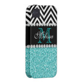 AQUA GLITTER BLACK CHEVRON MONOGRAMMED Case-Mate iPhone CASE (Back/Right)
