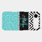 AQUA GLITTER BLACK CHEVRON MONOGRAMMED Case-Mate iPhone CASE (Back (Horizontal))