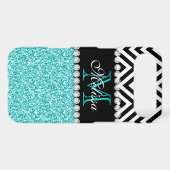 AQUA GLITTER BLACK CHEVRON MONOGRAMMED Case-Mate iPhone CASE (Back (Horizontal))