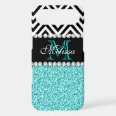 AQUA GLITTER BLACK CHEVRON MONOGRAMMED Case-Mate iPhone CASE (Back)