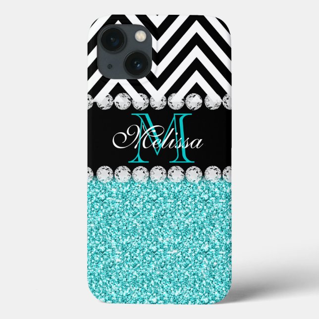 AQUA GLITTER BLACK CHEVRON MONOGRAMMED Case-Mate iPhone CASE (Back)