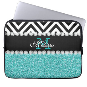 AQUA GLITTER BLACK CHEVRON MONOGRAMMED LAPTOP SLEEVE