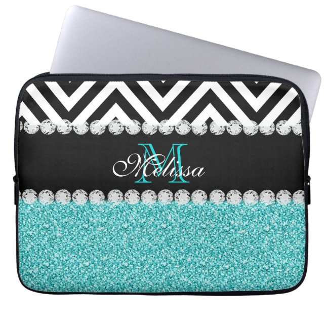 AQUA GLITTER BLACK CHEVRON MONOGRAMMED LAPTOP SLEEVE (Front)