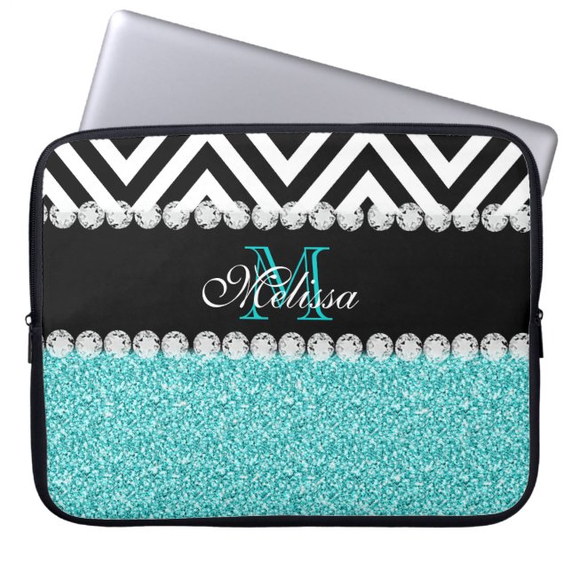 AQUA GLITTER BLACK CHEVRON MONOGRAMMED LAPTOP SLEEVE (Front)