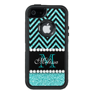 AQUA GLITTER BLACK CHEVRON MONOGRAMMED OtterBox DEFENDER iPhone CASE