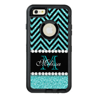 AQUA GLITTER BLACK CHEVRON MONOGRAMMED OtterBox DEFENDER iPhone CASE